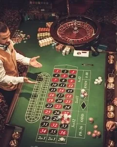 Illustration eines Roulette-Tisches mit Roulettekessel und klassischen Einsätzen im Casino