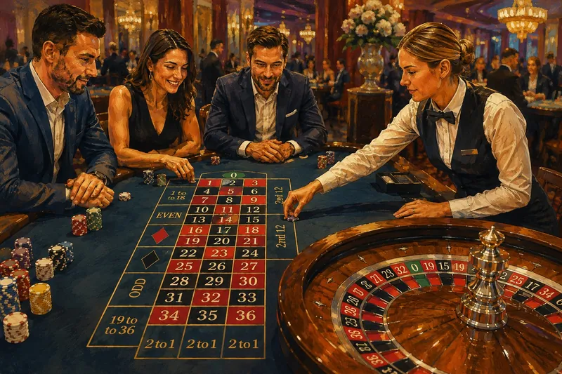 Illustration einer eleganten Roulette-Szene in einer deutschen Spielbank mit Spielern und Croupier am Spieltisch
