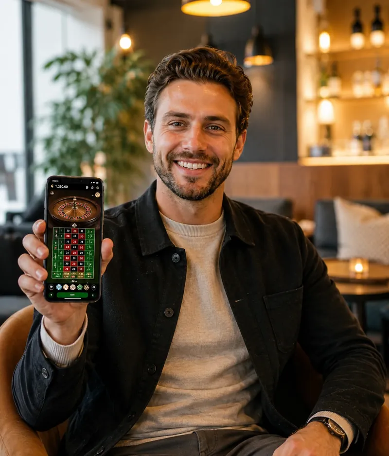 Mann zeigt eine Online-Casino-App mit Roulette-Spiel auf dem Smartphone in moderner Lounge Atmosphäre